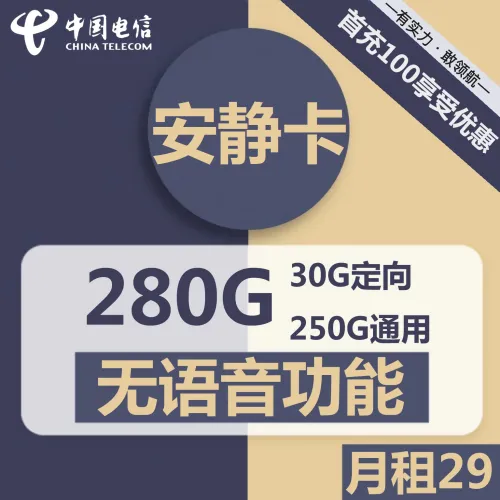 纯流量卡-电信安静卡29元包250G通用流量+30G定向流量